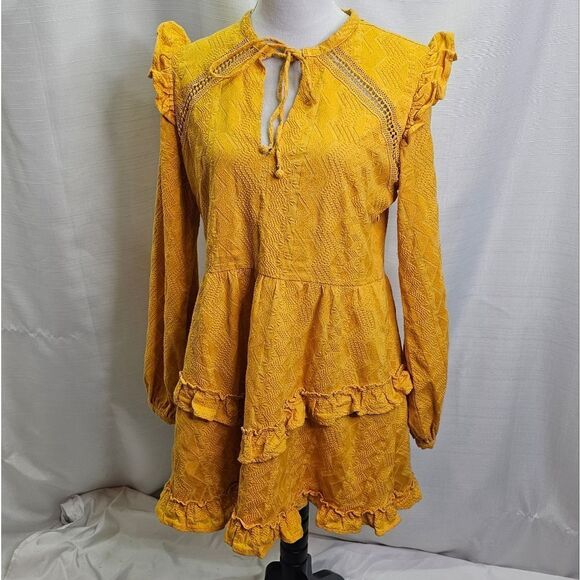 Tularosa Golden Yellow Lisa Blouson Embroidered Ruffle Mini Dress Size Large - Picture 4 of 16